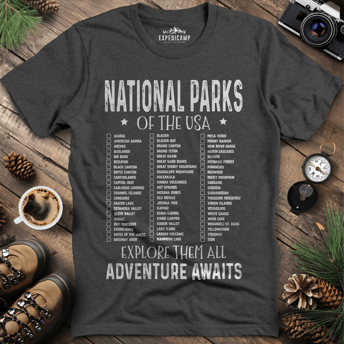 National Parks of the USA Checklist T-Shirt – Dark Heather – Outdoor apparel for travel, hiking, camping, and nature lovers – ExpediCamp