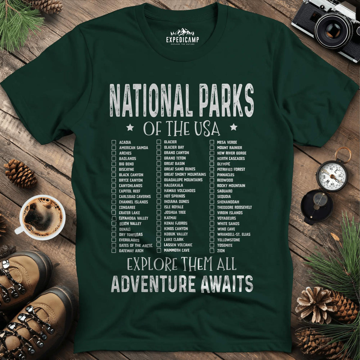 National Parks of the USA Checklist T-Shirt – Forest Green – Outdoor apparel for travel, hiking, camping, and nature lovers – ExpediCamp