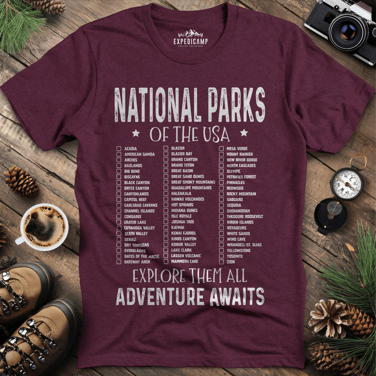 National Parks of the USA Checklist T-Shirt – Heather Maroon – Outdoor apparel for travel, hiking, camping, and nature lovers – ExpediCamp