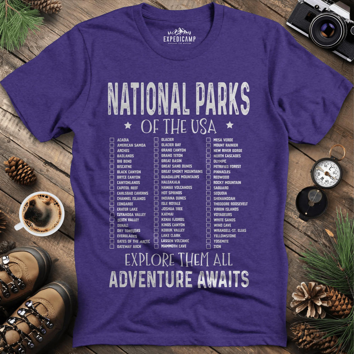National Parks of the USA Checklist T-Shirt – Heather Purple – Outdoor apparel for travel, hiking, camping, and nature lovers – ExpediCamp