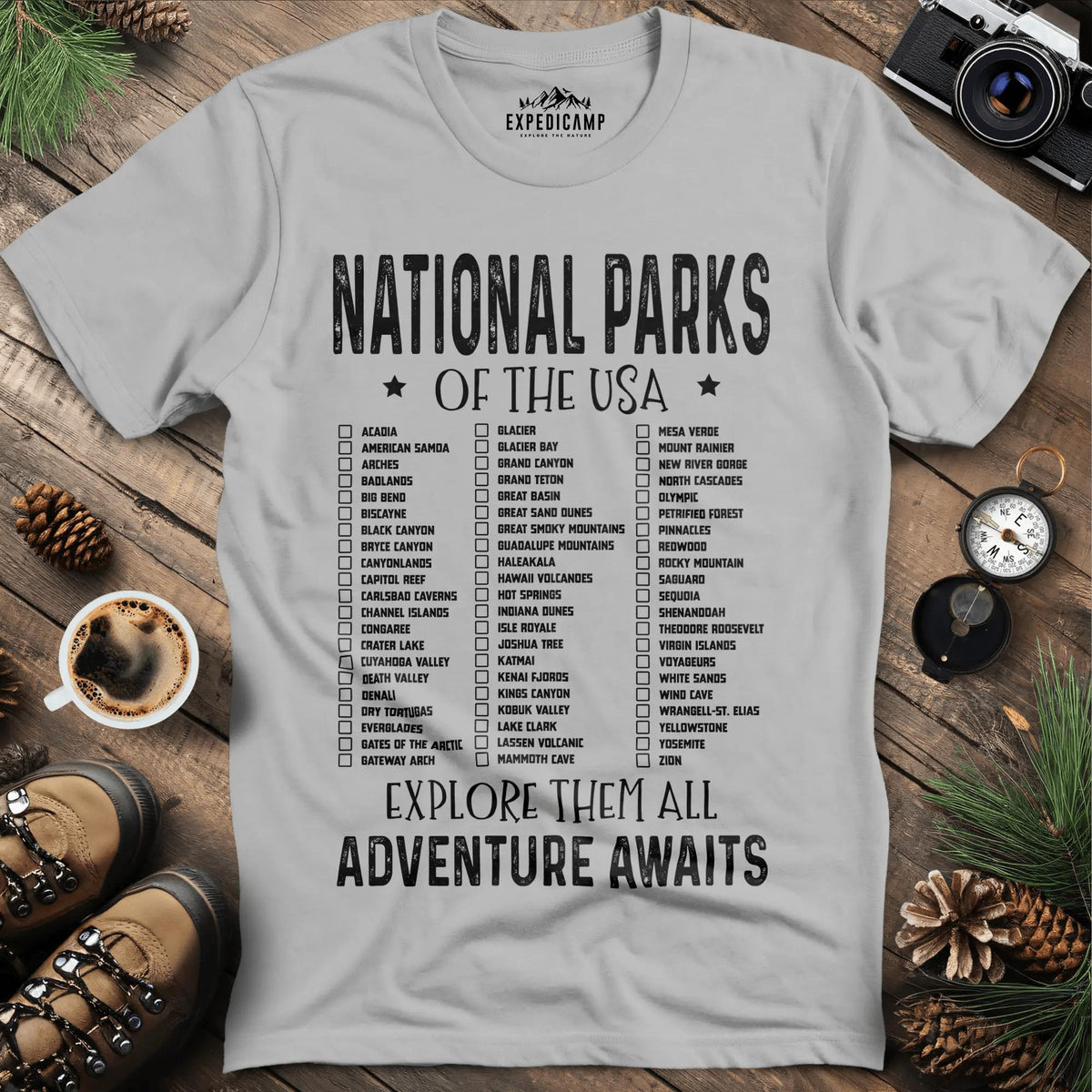 National Parks of the USA Checklist T-Shirt – Ice Grey – Outdoor apparel for travel, hiking, camping, and nature lovers – ExpediCamp