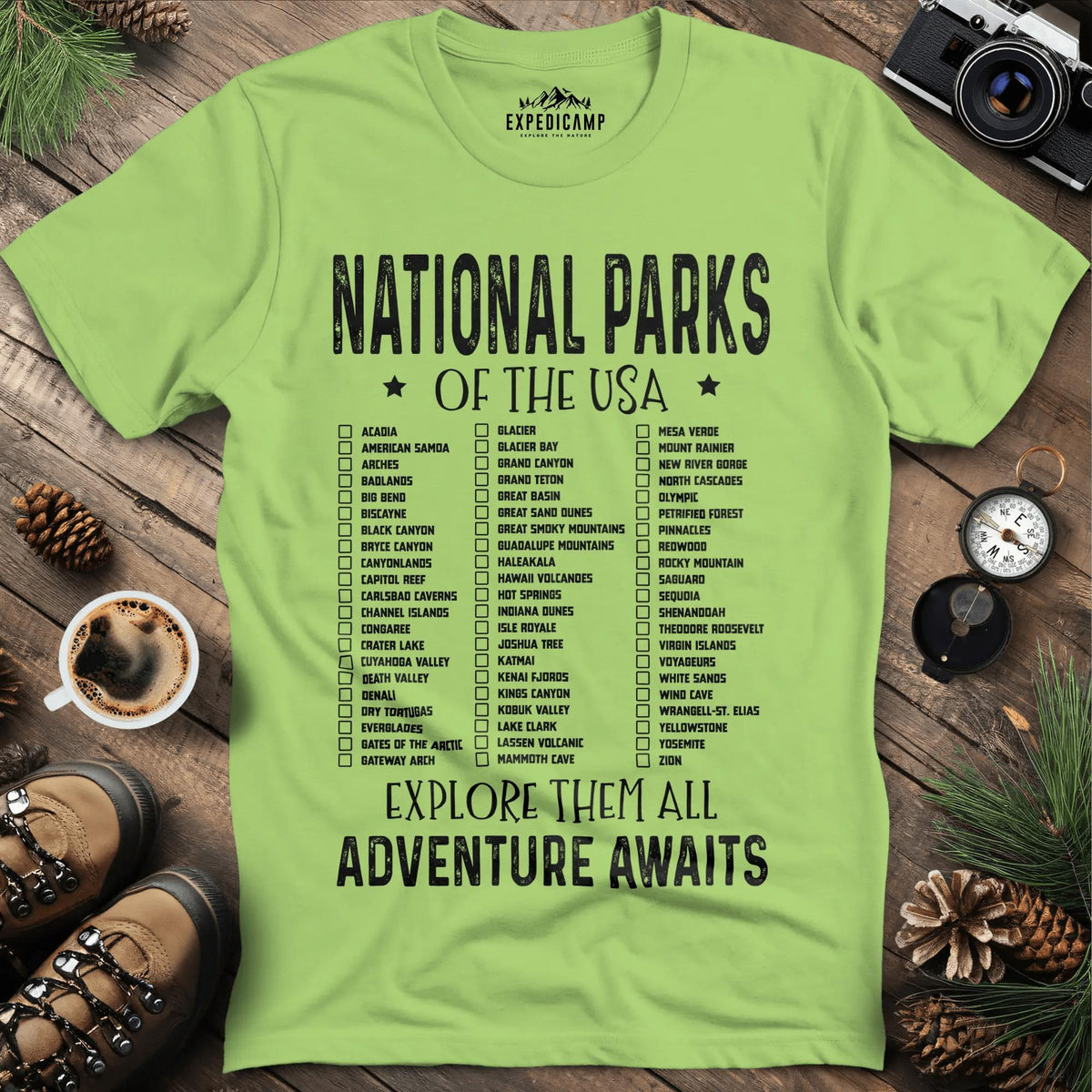 National Parks of the USA Checklist T-Shirt – Kiwi – Outdoor apparel for travel, hiking, camping, and nature lovers – ExpediCamp