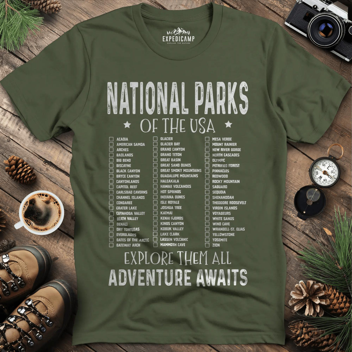 National Parks of the USA Checklist T-Shirt – Military Green – Outdoor apparel for travel, hiking, camping, and nature lovers – ExpediCamp