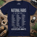 National Parks of the USA Checklist T-Shirt – Navy – Outdoor apparel for travel, hiking, camping, and nature lovers – ExpediCamp