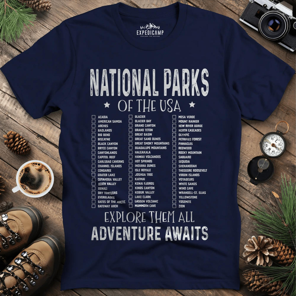 National Parks of the USA Checklist T-Shirt – Navy – Outdoor apparel for travel, hiking, camping, and nature lovers – ExpediCamp