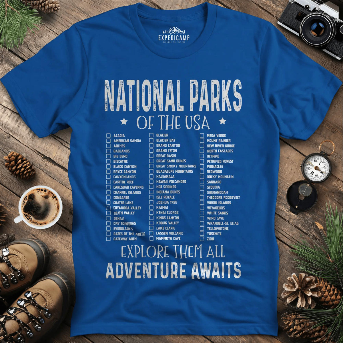 National Parks of the USA Checklist T-Shirt – Royal – Outdoor apparel for travel, hiking, camping, and nature lovers – ExpediCamp