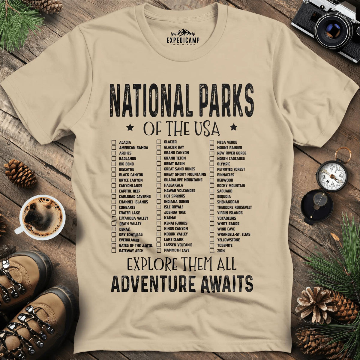National Parks of the USA Checklist T-Shirt – Sand – Outdoor apparel for travel, hiking, camping, and nature lovers – ExpediCamp