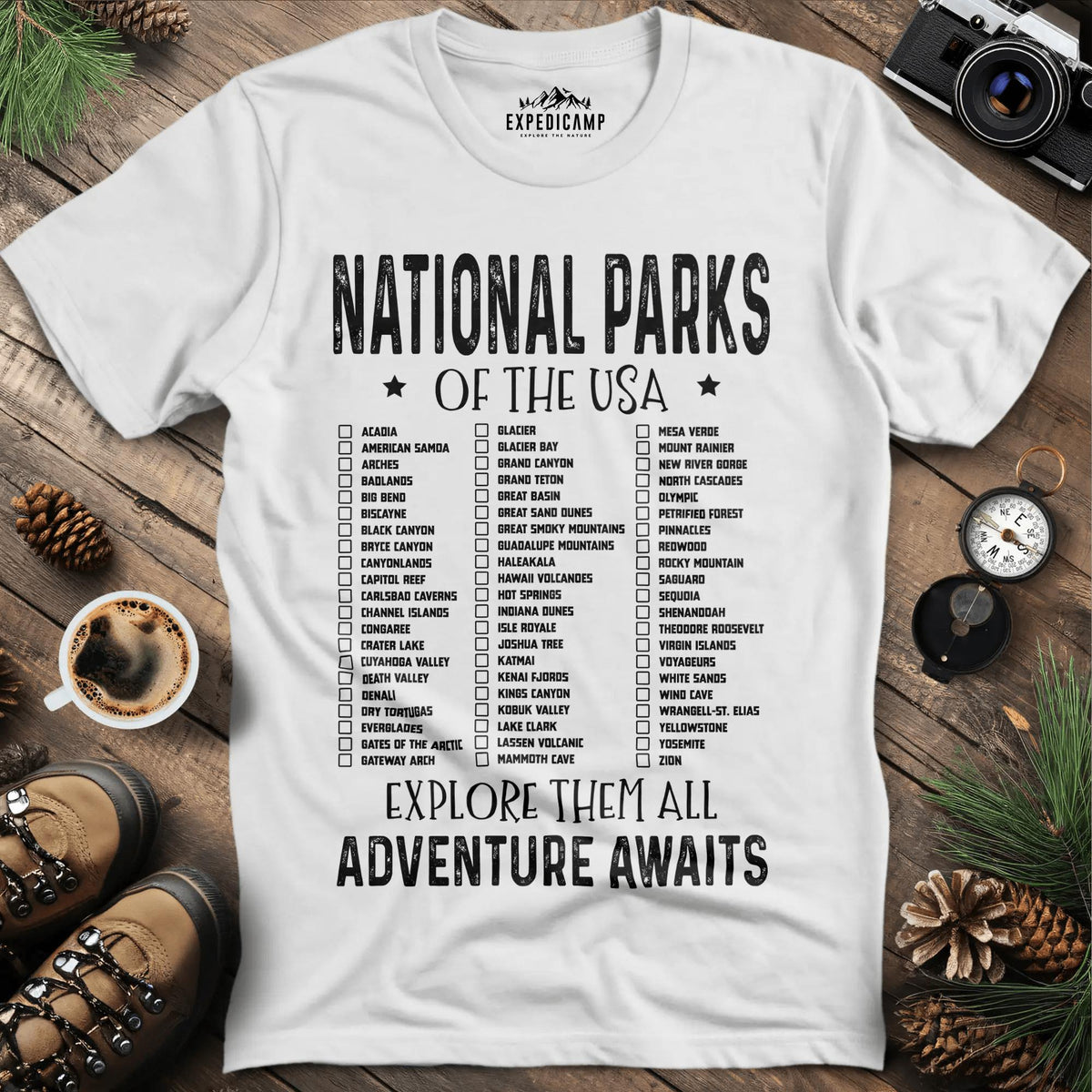 National Parks of the USA Checklist T-Shirt – White – Outdoor apparel for travel, hiking, camping, and nature lovers – ExpediCamp