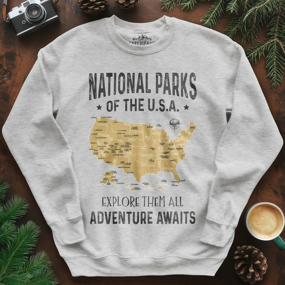 National Parks of the USA Map Sweatshirt – Explore Them All – Ash – Outdoor apparel for travel, hiking, camping, and nature lovers – ExpediCamp