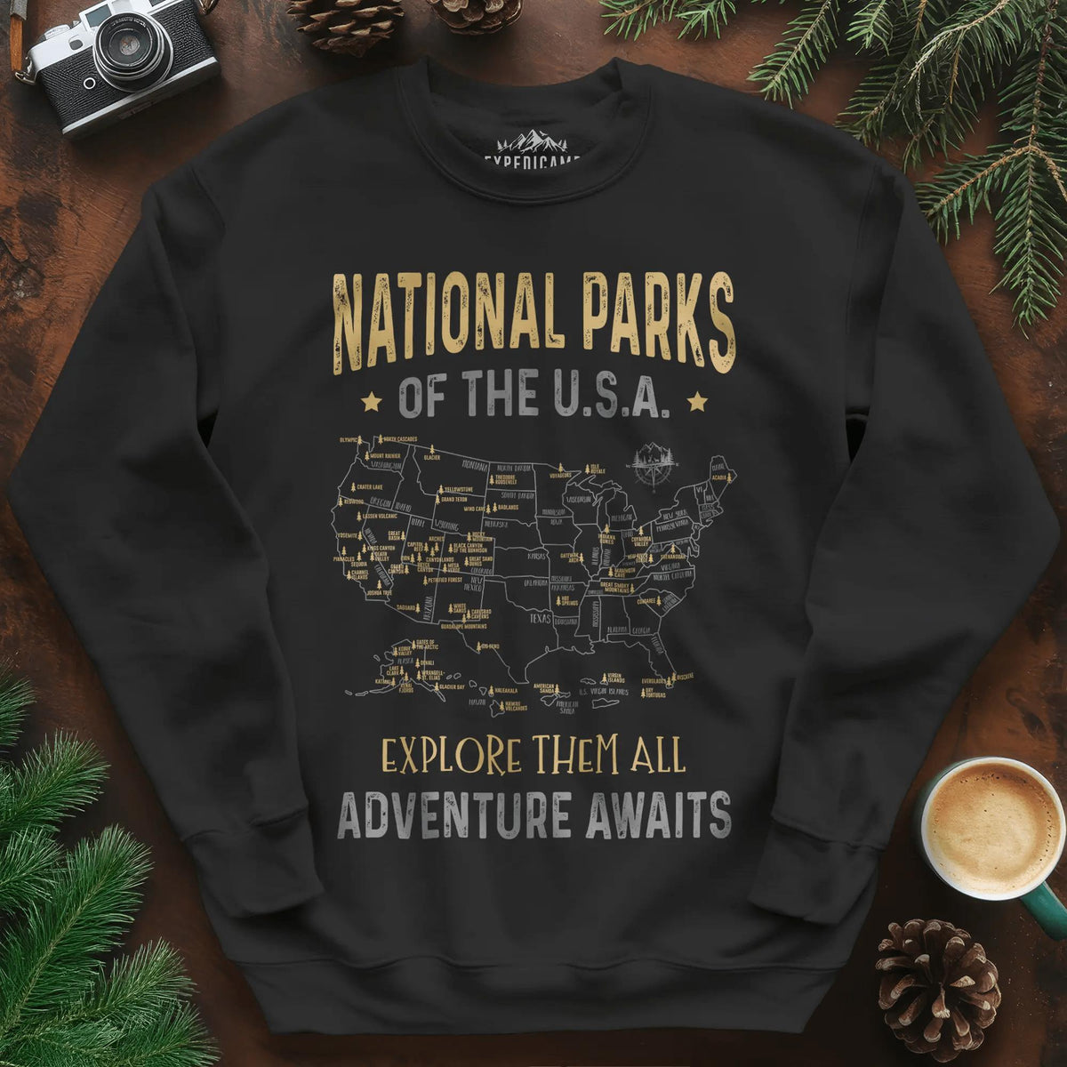 National Parks of the USA Map Sweatshirt – Explore Them All – Black – Outdoor apparel for travel, hiking, camping, and nature lovers – ExpediCamp