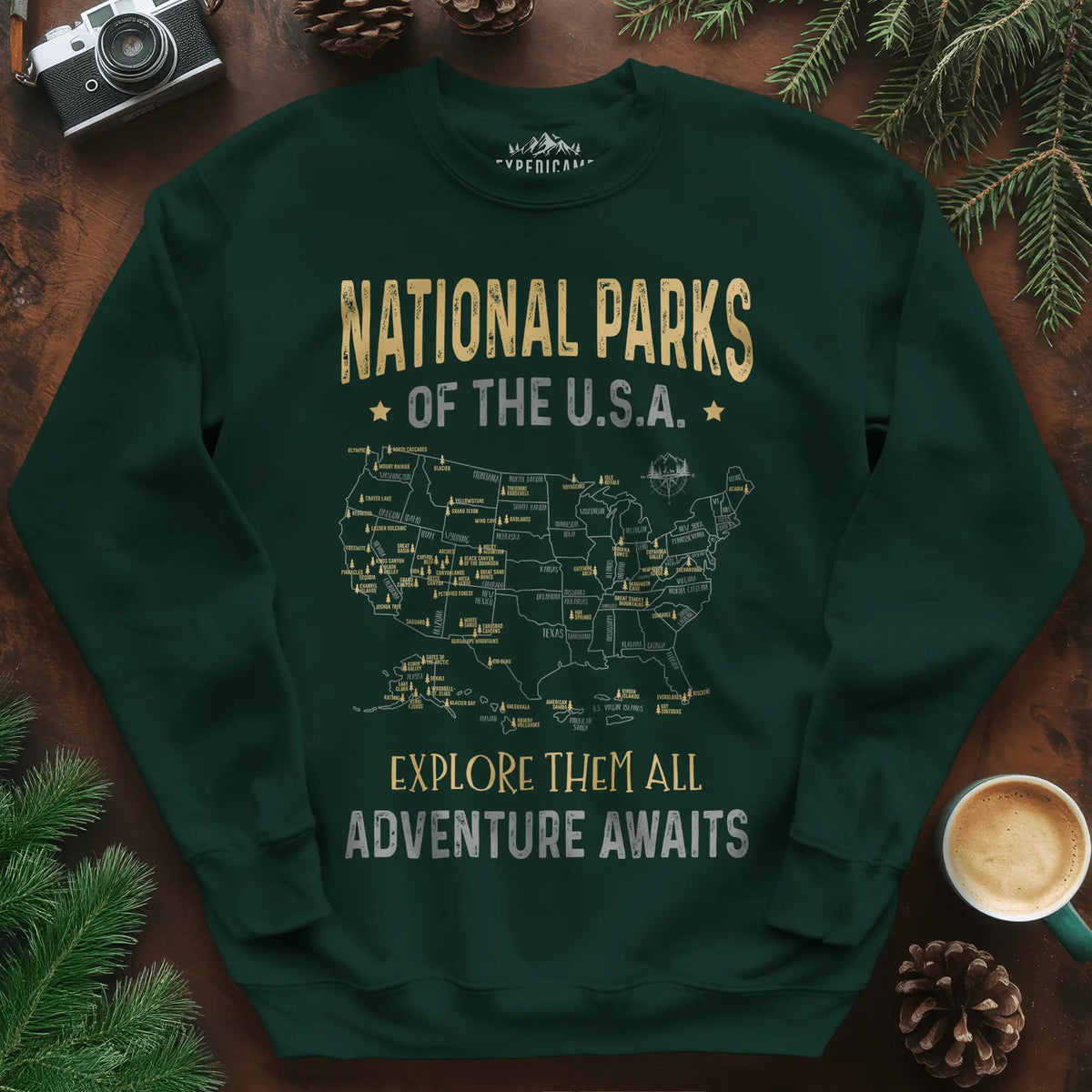 National Parks of the USA Map Sweatshirt – Explore Them All – Forest Green – Outdoor apparel for travel, hiking, camping, and nature lovers – ExpediCamp