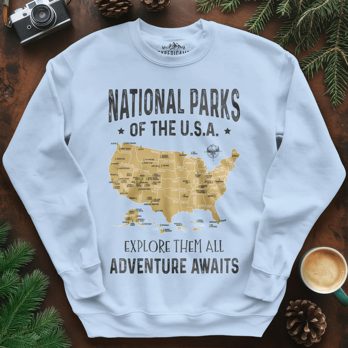 National Parks of the USA Map Sweatshirt – Explore Them All – Light Blue – Outdoor apparel for travel, hiking, camping, and nature lovers – ExpediCamp