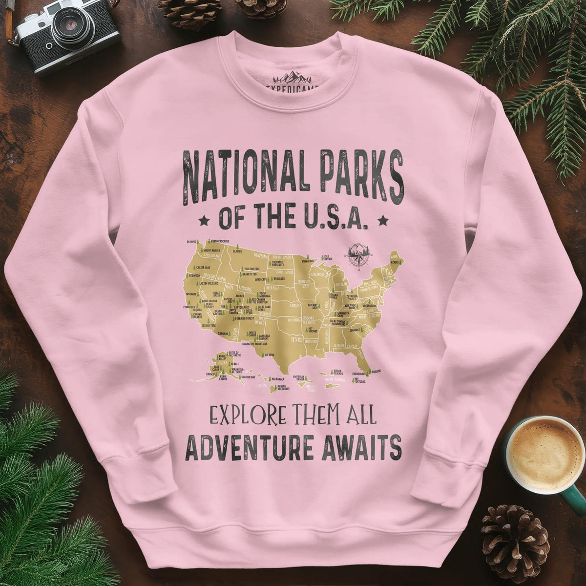 National Parks of the USA Map Sweatshirt – Explore Them All – Light Pink – Outdoor apparel for travel, hiking, camping, and nature lovers – ExpediCamp
