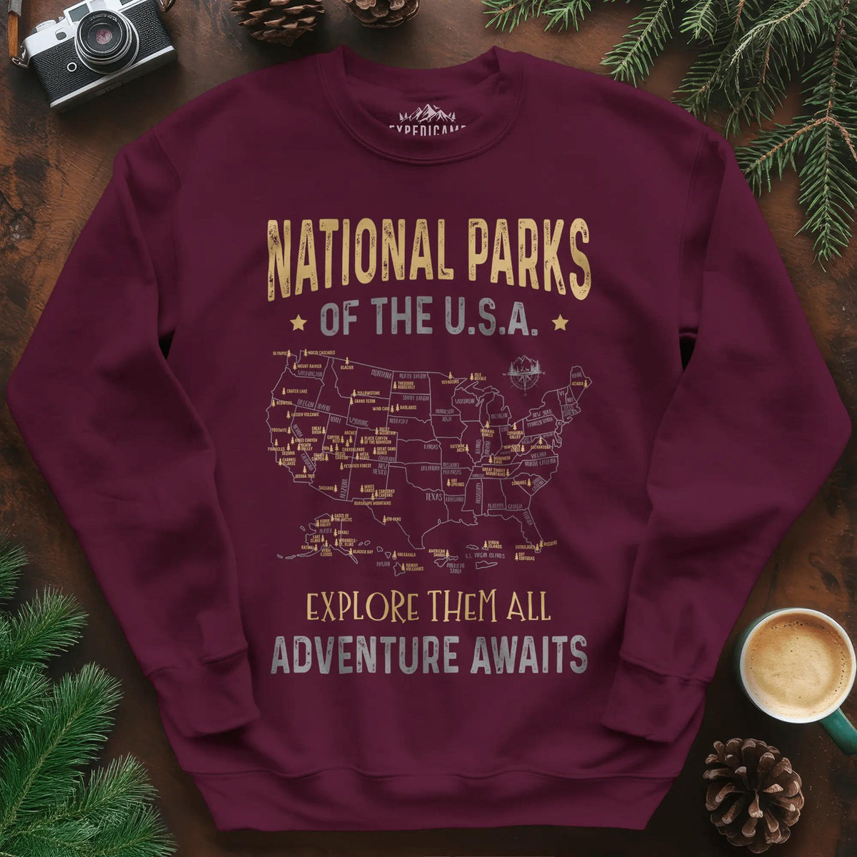 National Parks of the USA Map Sweatshirt – Explore Them All – Maroon – Outdoor apparel for travel, hiking, camping, and nature lovers – ExpediCamp