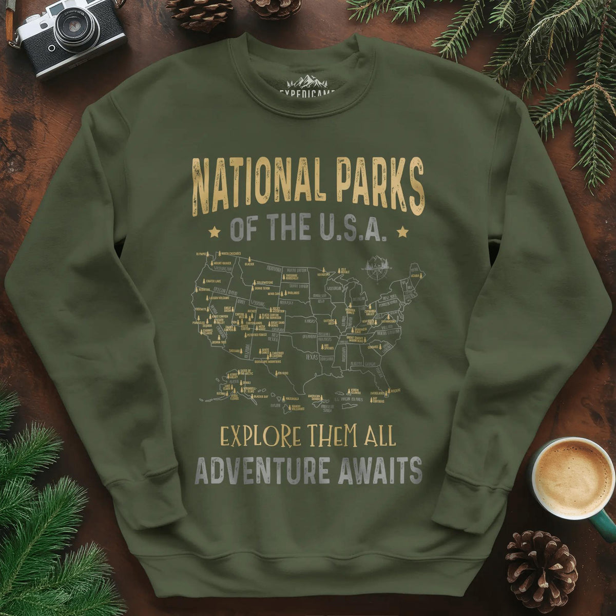 National Parks of the USA Map Sweatshirt – Explore Them All – Military Green – Outdoor apparel for travel, hiking, camping, and nature lovers – ExpediCamp