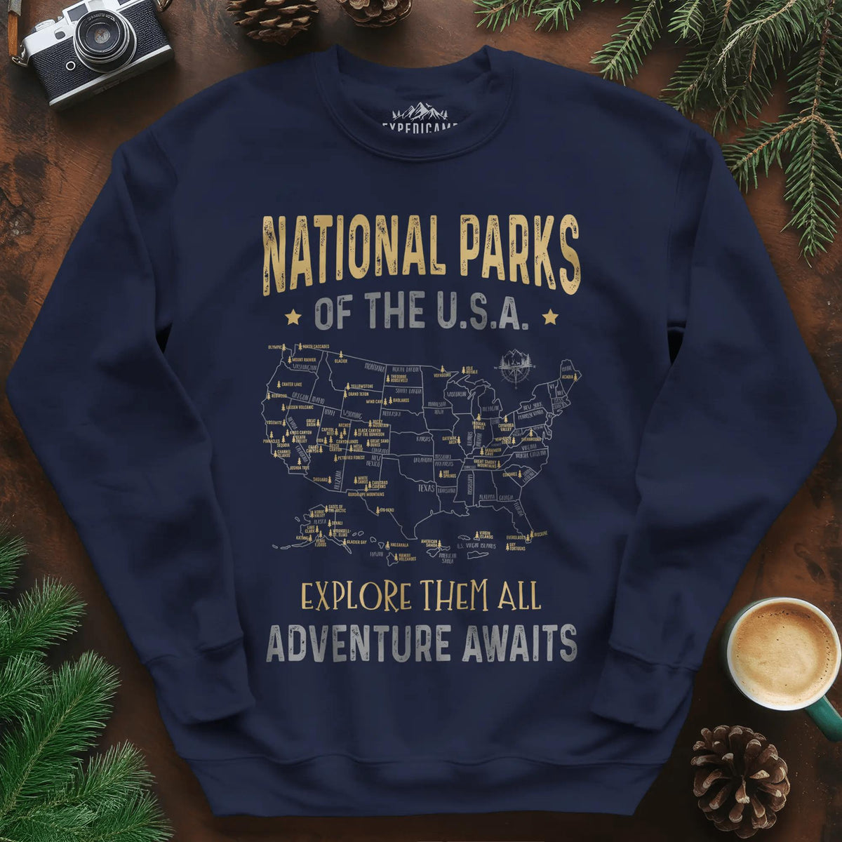 National Parks of the USA Map Sweatshirt – Explore Them All – Navy – Outdoor apparel for travel, hiking, camping, and nature lovers – ExpediCamp