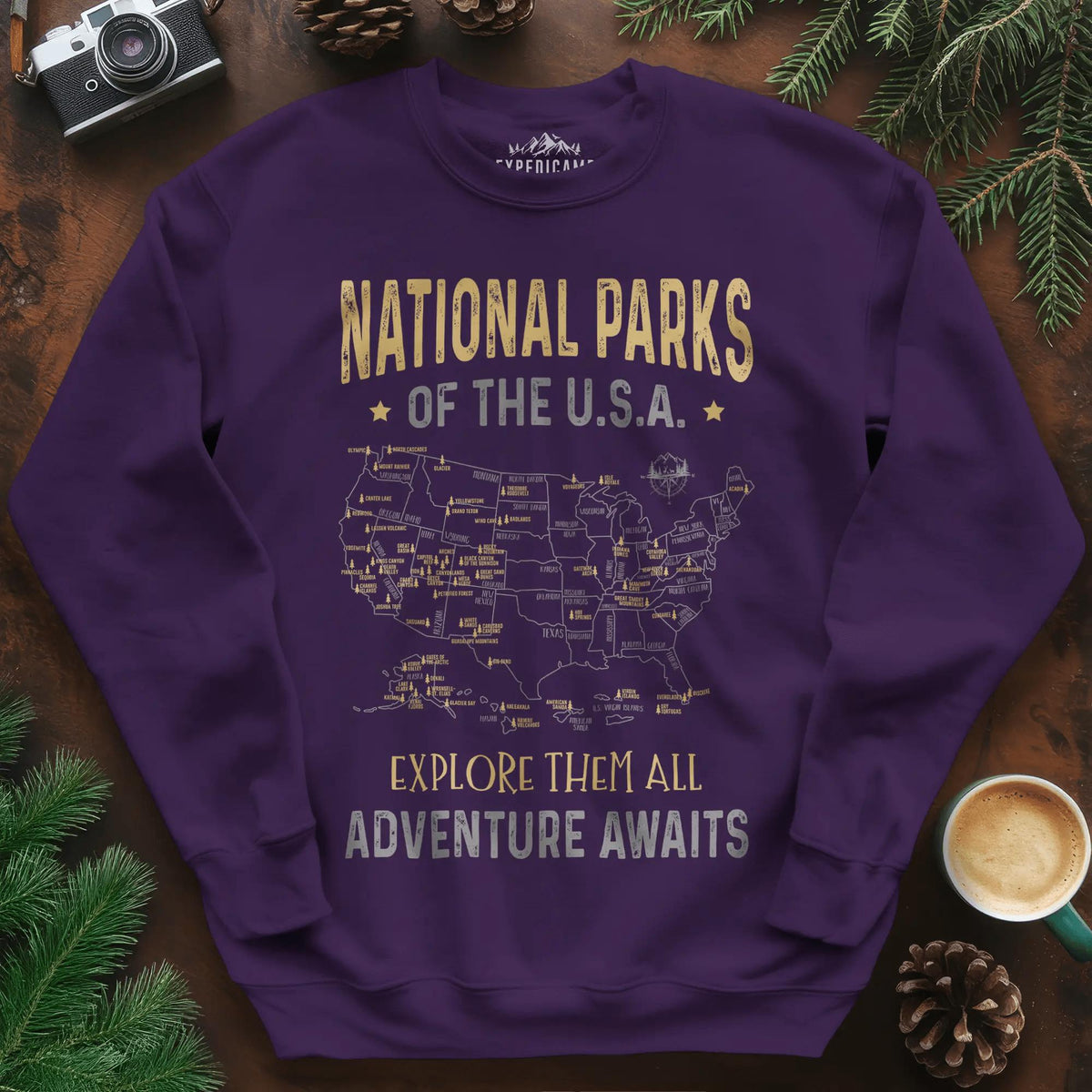 National Parks of the USA Map Sweatshirt – Explore Them All – Purple – Outdoor apparel for travel, hiking, camping, and nature lovers – ExpediCamp