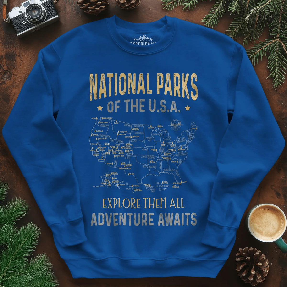 National Parks of the USA Map Sweatshirt – Explore Them All – Royal – Outdoor apparel for travel, hiking, camping, and nature lovers – ExpediCamp