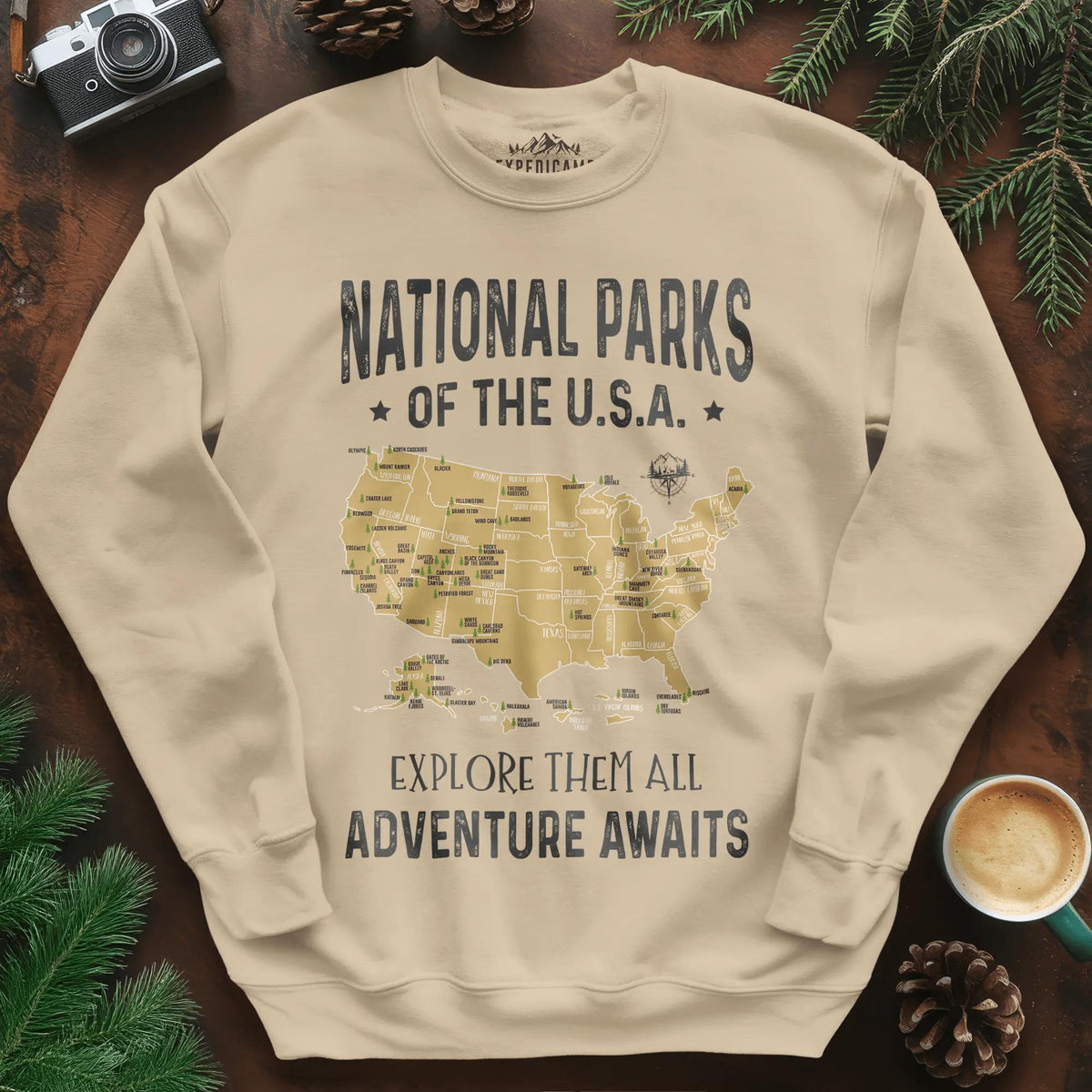 National Parks of the USA Map Sweatshirt – Explore Them All – Sand – Outdoor apparel for travel, hiking, camping, and nature lovers – ExpediCamp