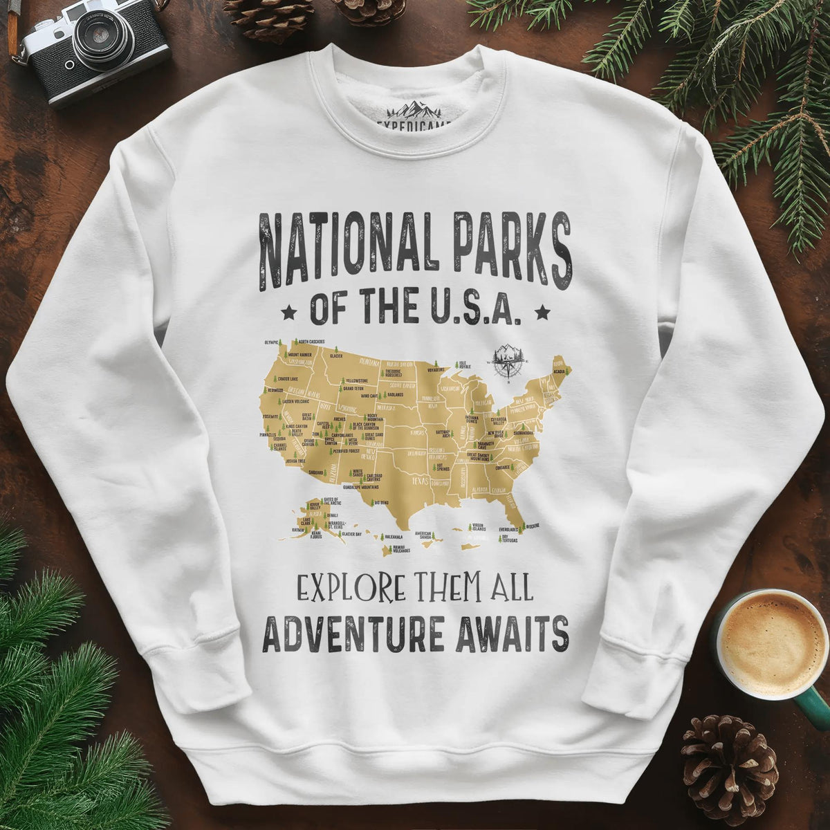 National Parks of the USA Map Sweatshirt – Explore Them All – White – Outdoor apparel for travel, hiking, camping, and nature lovers – ExpediCamp