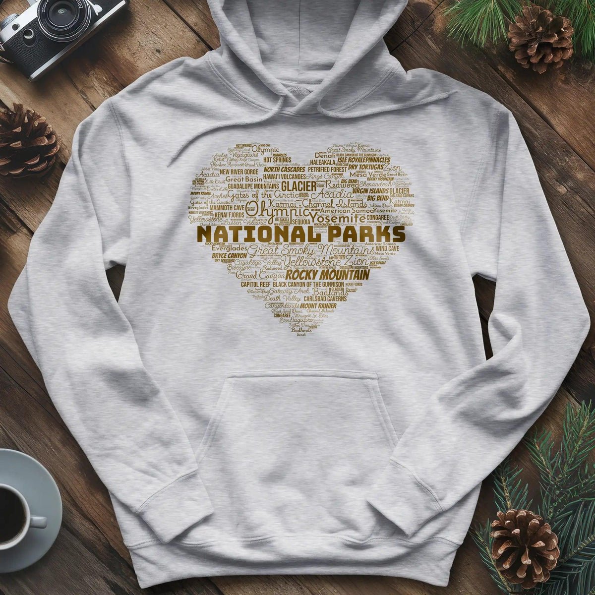 National Parks Word Art Heart Hoodie – Ash – Outdoor apparel for travel, hiking, camping, and nature lovers – ExpediCamp