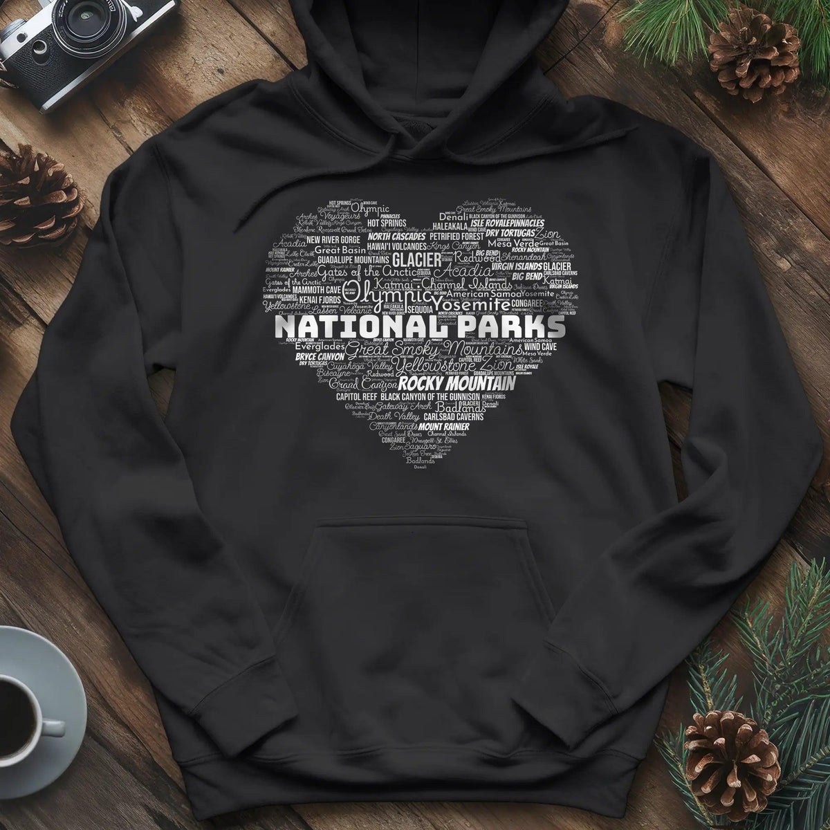 National Parks Word Art Heart Hoodie – Black – Outdoor apparel for travel, hiking, camping, and nature lovers – ExpediCamp