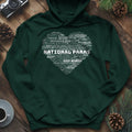 National Parks Word Art Heart Hoodie – Forest Green – Outdoor apparel for travel, hiking, camping, and nature lovers – ExpediCamp