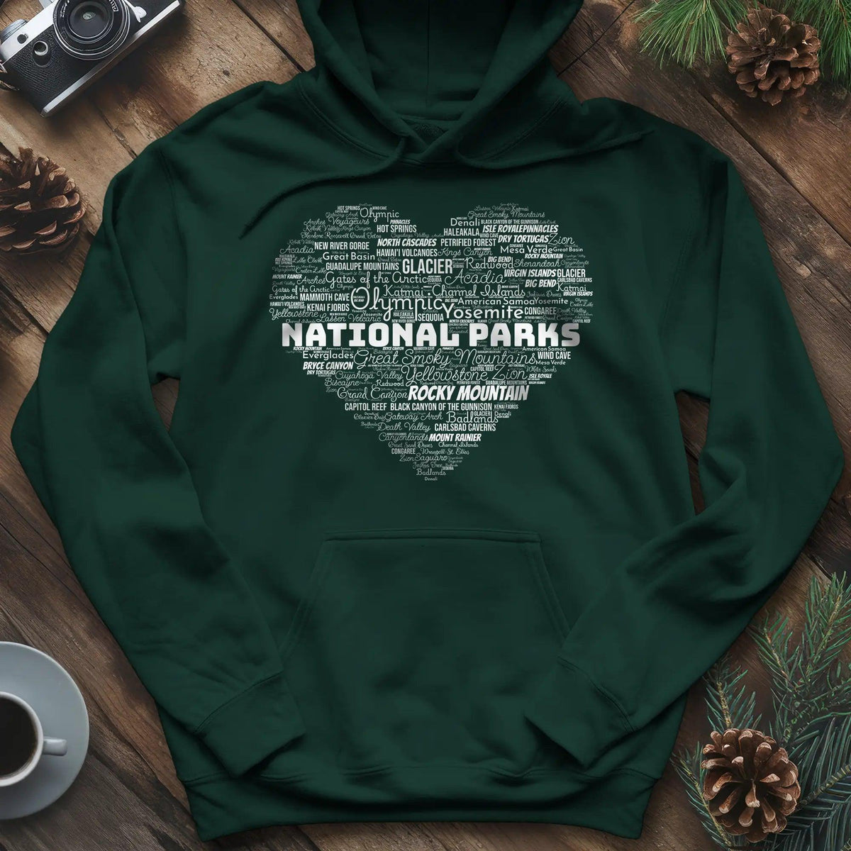 National Parks Word Art Heart Hoodie – Forest Green – Outdoor apparel for travel, hiking, camping, and nature lovers – ExpediCamp
