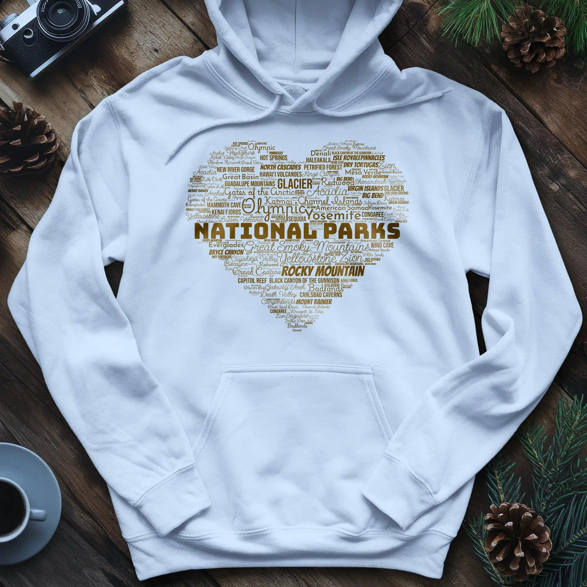National Parks Word Art Heart Hoodie – Light Blue – Outdoor apparel for travel, hiking, camping, and nature lovers – ExpediCamp