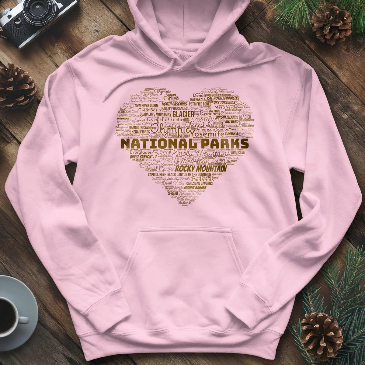 National Parks Word Art Heart Hoodie – Light Pink – Outdoor apparel for travel, hiking, camping, and nature lovers – ExpediCamp