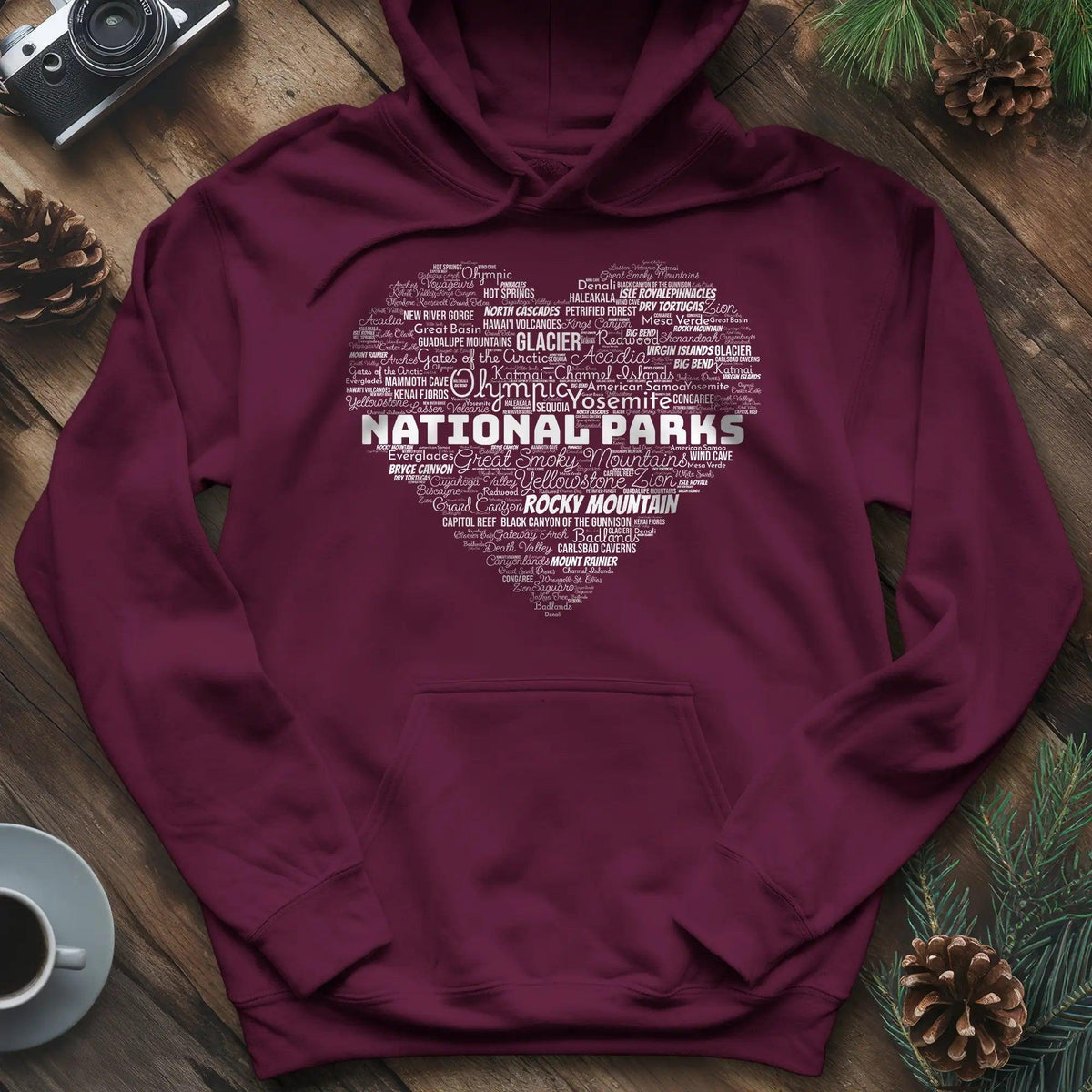 National Parks Word Art Heart Hoodie – Maroon – Outdoor apparel for travel, hiking, camping, and nature lovers – ExpediCamp