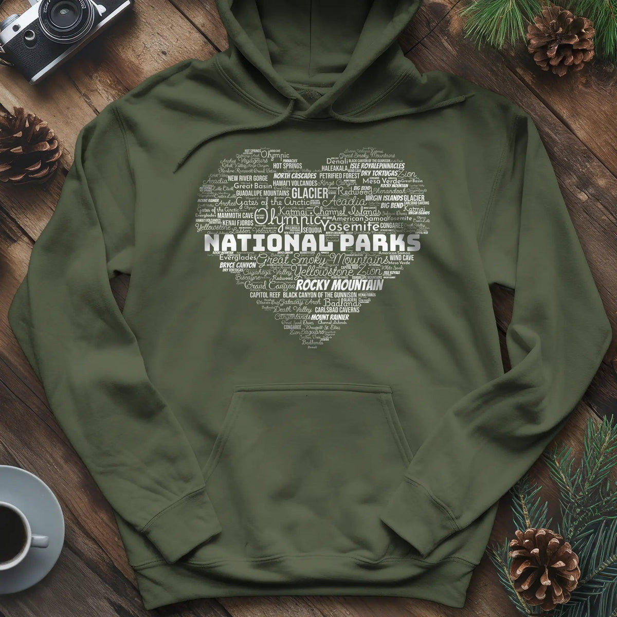 National Parks Word Art Heart Hoodie – Military Green – Outdoor apparel for travel, hiking, camping, and nature lovers – ExpediCamp