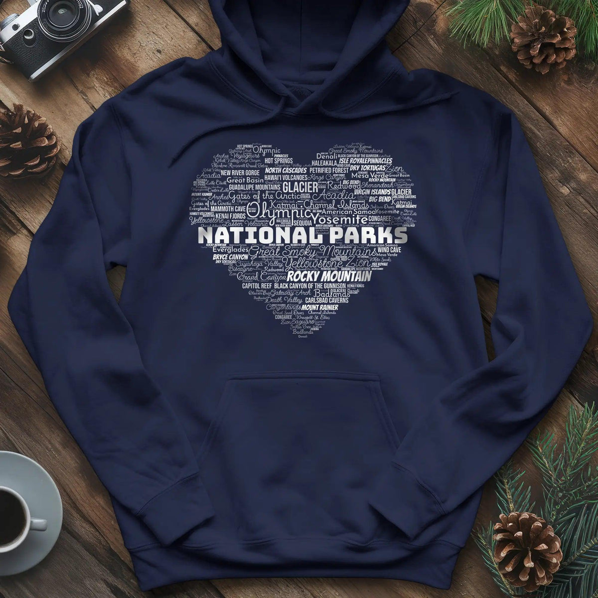 National Parks Word Art Heart Hoodie – Navy – Outdoor apparel for travel, hiking, camping, and nature lovers – ExpediCamp
