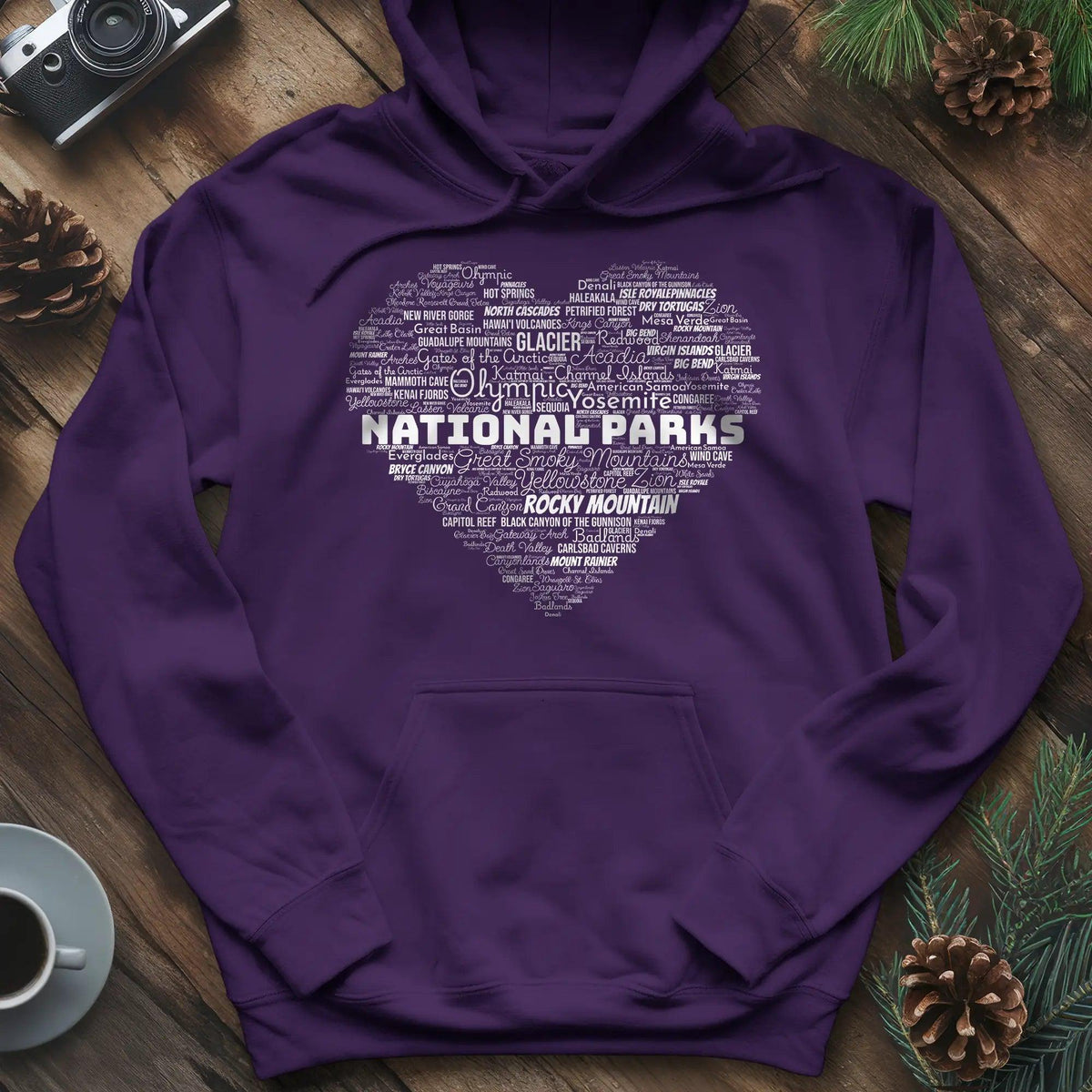 National Parks Word Art Heart Hoodie – Purple – Outdoor apparel for travel, hiking, camping, and nature lovers – ExpediCamp