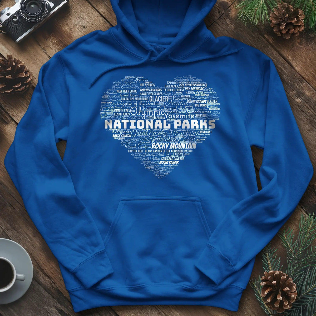 National Parks Word Art Heart Hoodie – Royal – Outdoor apparel for travel, hiking, camping, and nature lovers – ExpediCamp