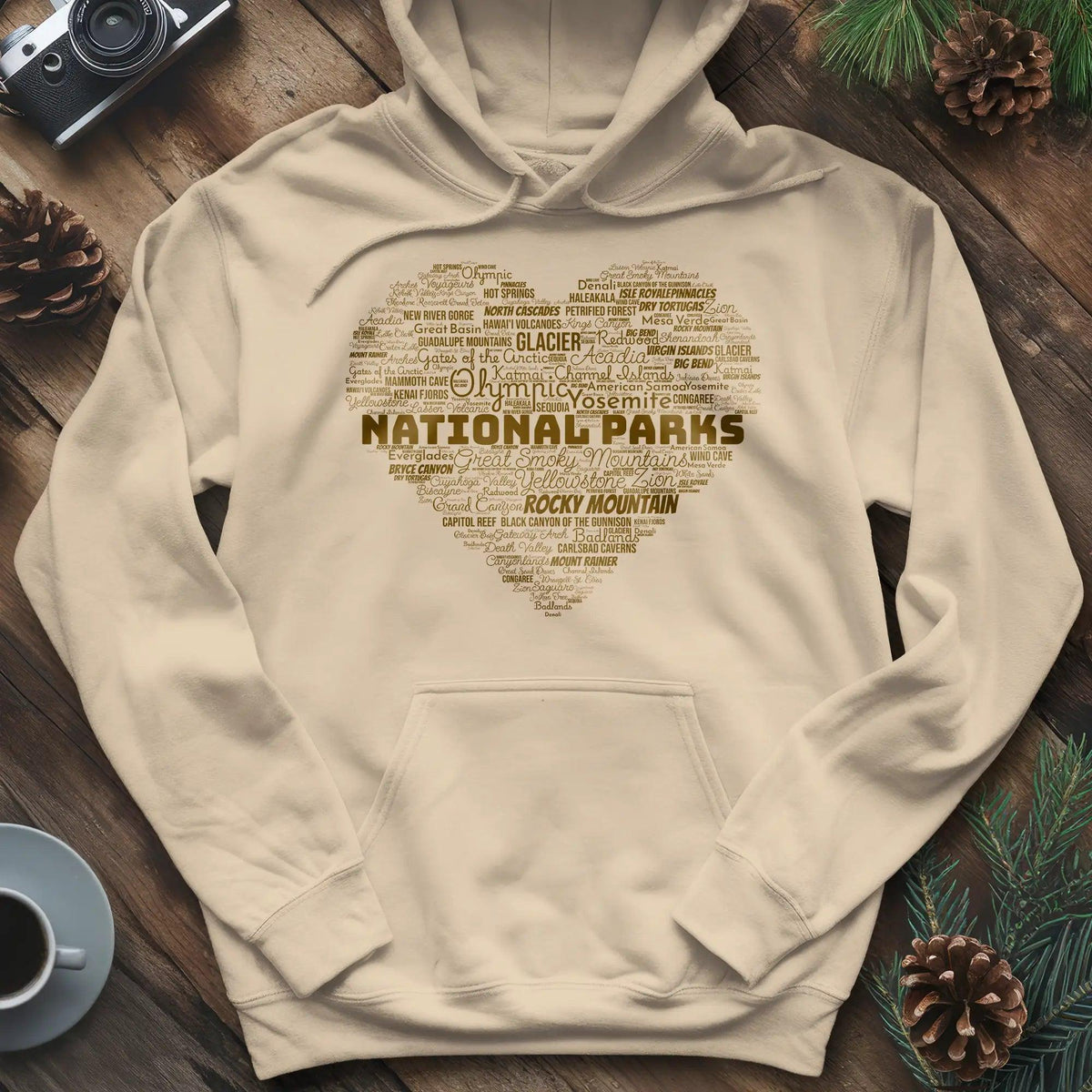 National Parks Word Art Heart Hoodie – Sand – Outdoor apparel for travel, hiking, camping, and nature lovers – ExpediCamp
