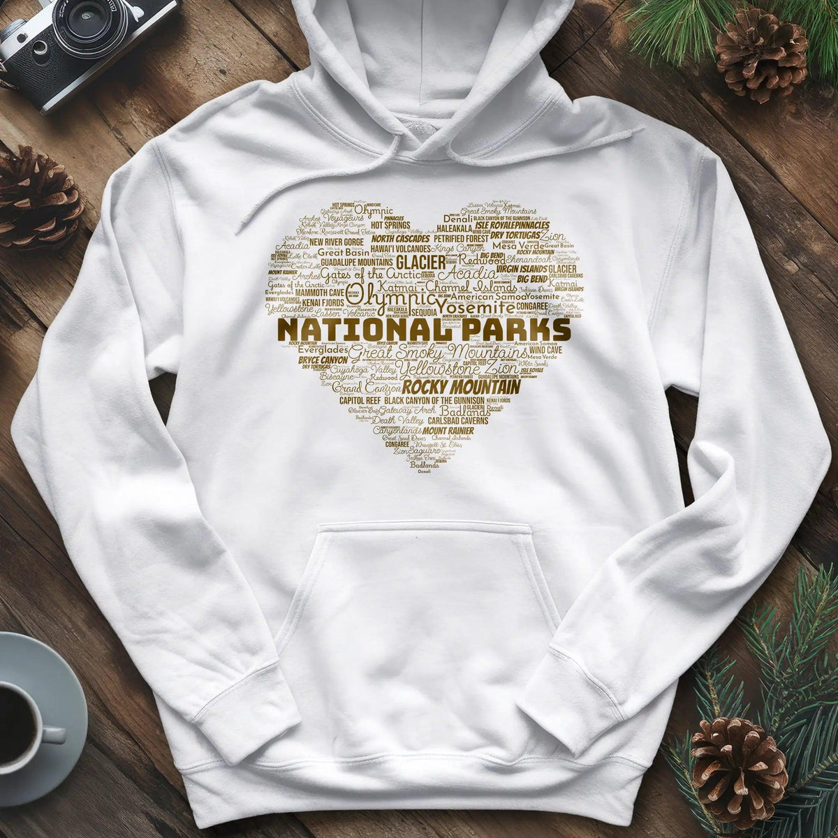 National Parks Word Art Heart Hoodie – White – Outdoor apparel for travel, hiking, camping, and nature lovers – ExpediCamp