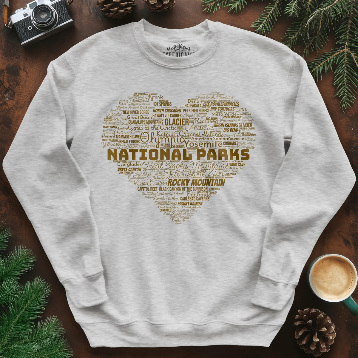 National Parks Word Art Heart Sweatshirt – Ash – Outdoor apparel for travel, hiking, camping, and nature lovers – ExpediCamp