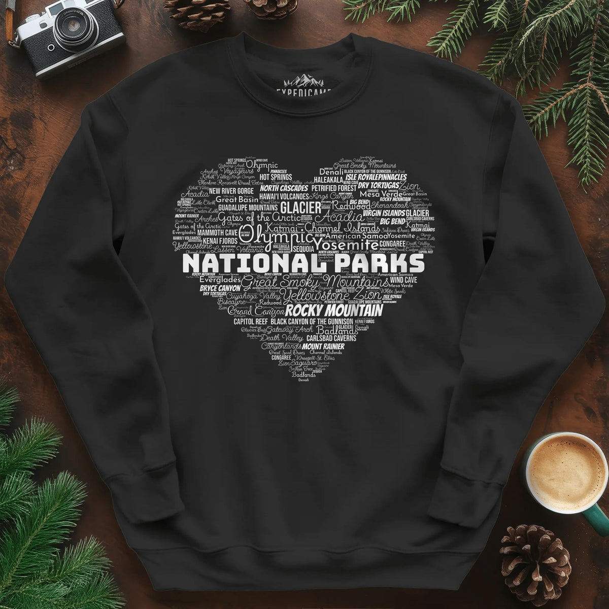 National Parks Word Art Heart Sweatshirt – Black – Outdoor apparel for travel, hiking, camping, and nature lovers – ExpediCamp