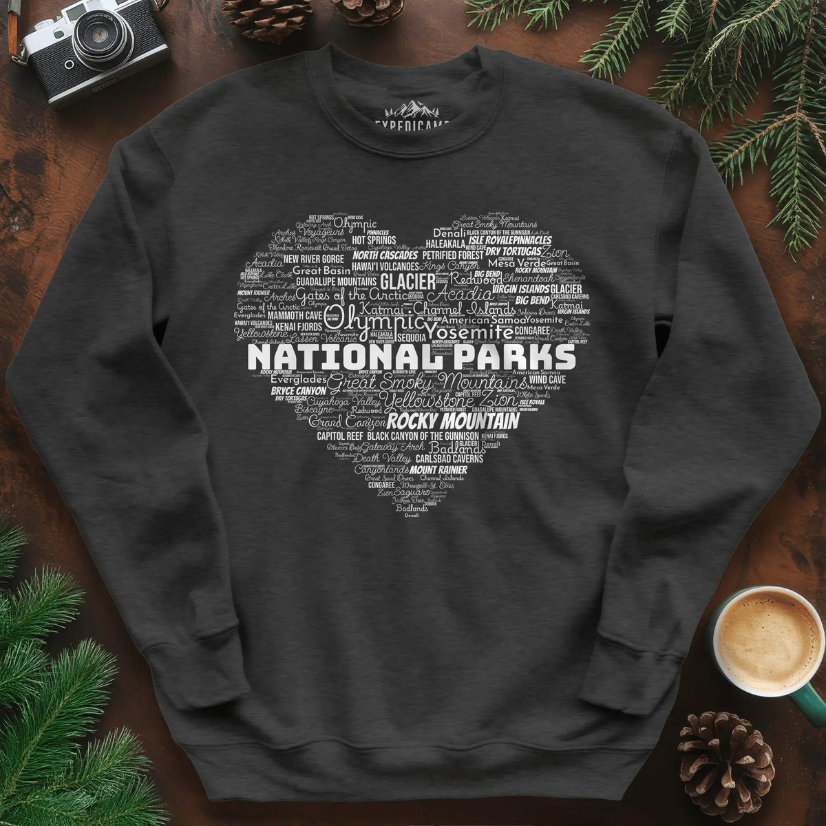 National Parks Word Art Heart Sweatshirt – Dark Heather – Outdoor apparel for travel, hiking, camping, and nature lovers – ExpediCamp