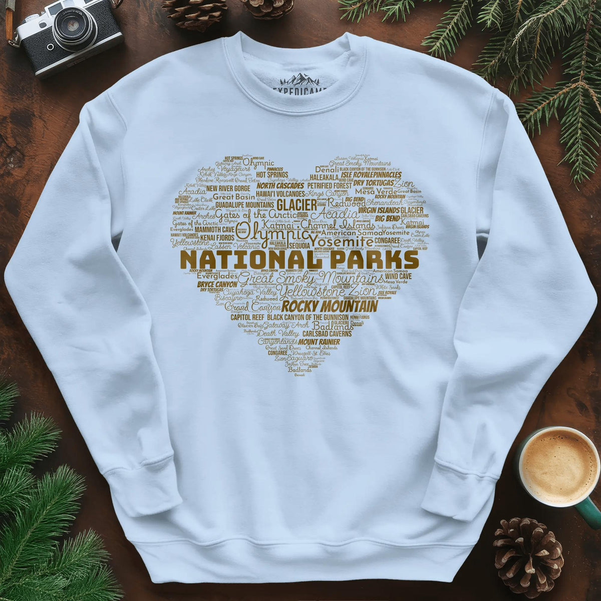 National Parks Word Art Heart Sweatshirt – Light Blue – Outdoor apparel for travel, hiking, camping, and nature lovers – ExpediCamp
