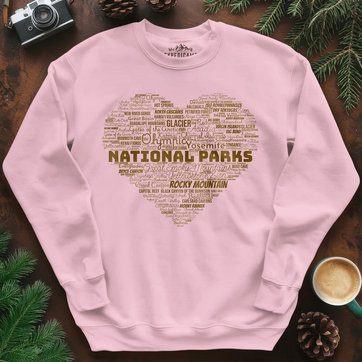 National Parks Word Art Heart Sweatshirt – Light Pink – Outdoor apparel for travel, hiking, camping, and nature lovers – ExpediCamp