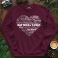 National Parks Word Art Heart Sweatshirt – Maroon – Outdoor apparel for travel, hiking, camping, and nature lovers – ExpediCamp
