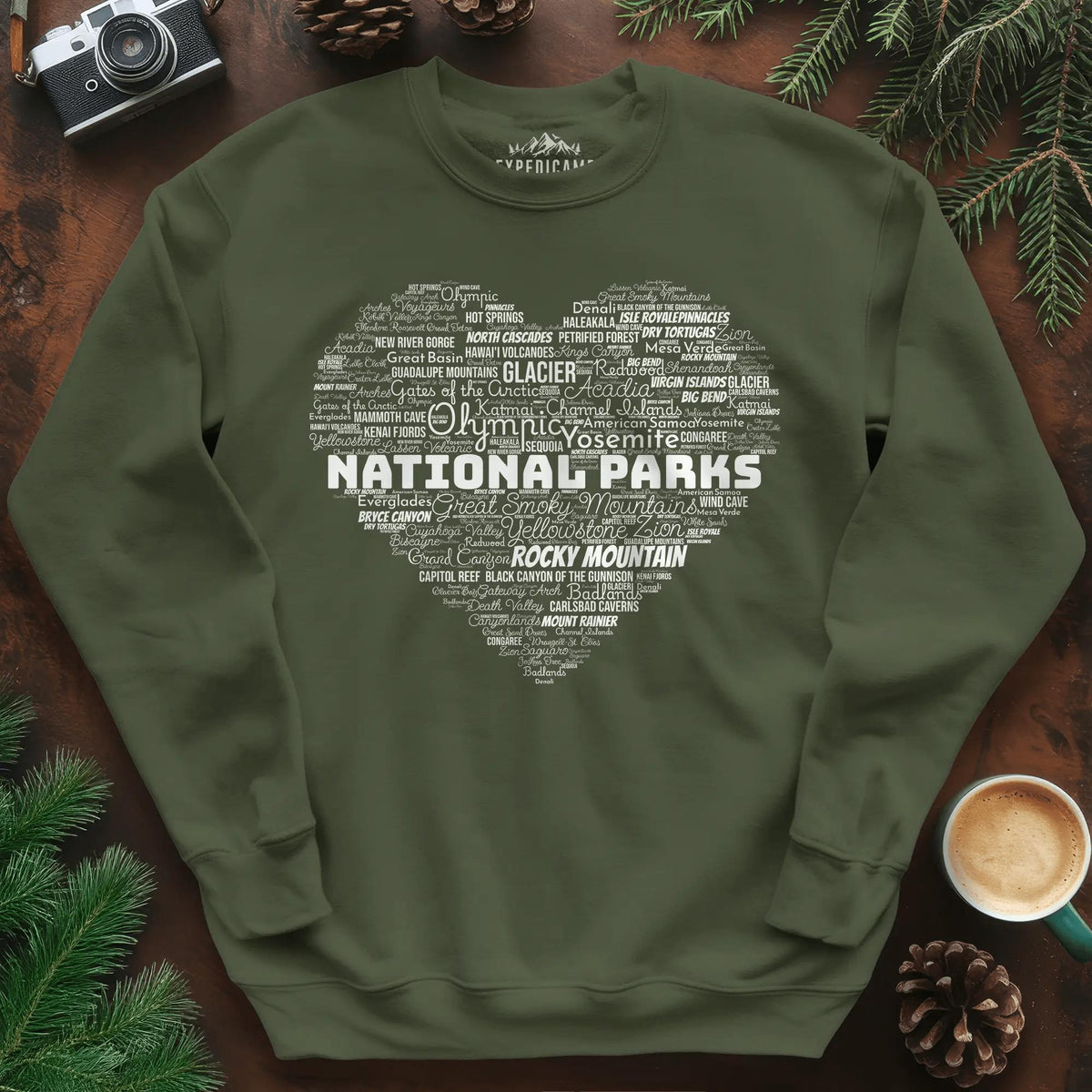 National Parks Word Art Heart Sweatshirt – Military Green – Outdoor apparel for travel, hiking, camping, and nature lovers – ExpediCamp