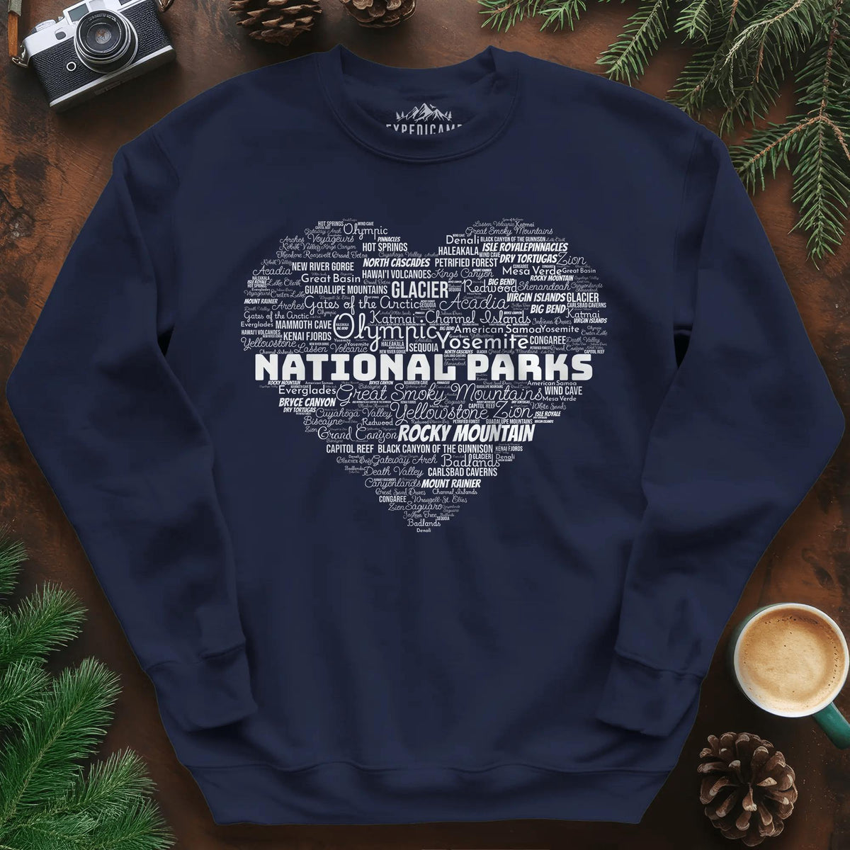 National Parks Word Art Heart Sweatshirt – Navy – Outdoor apparel for travel, hiking, camping, and nature lovers – ExpediCamp