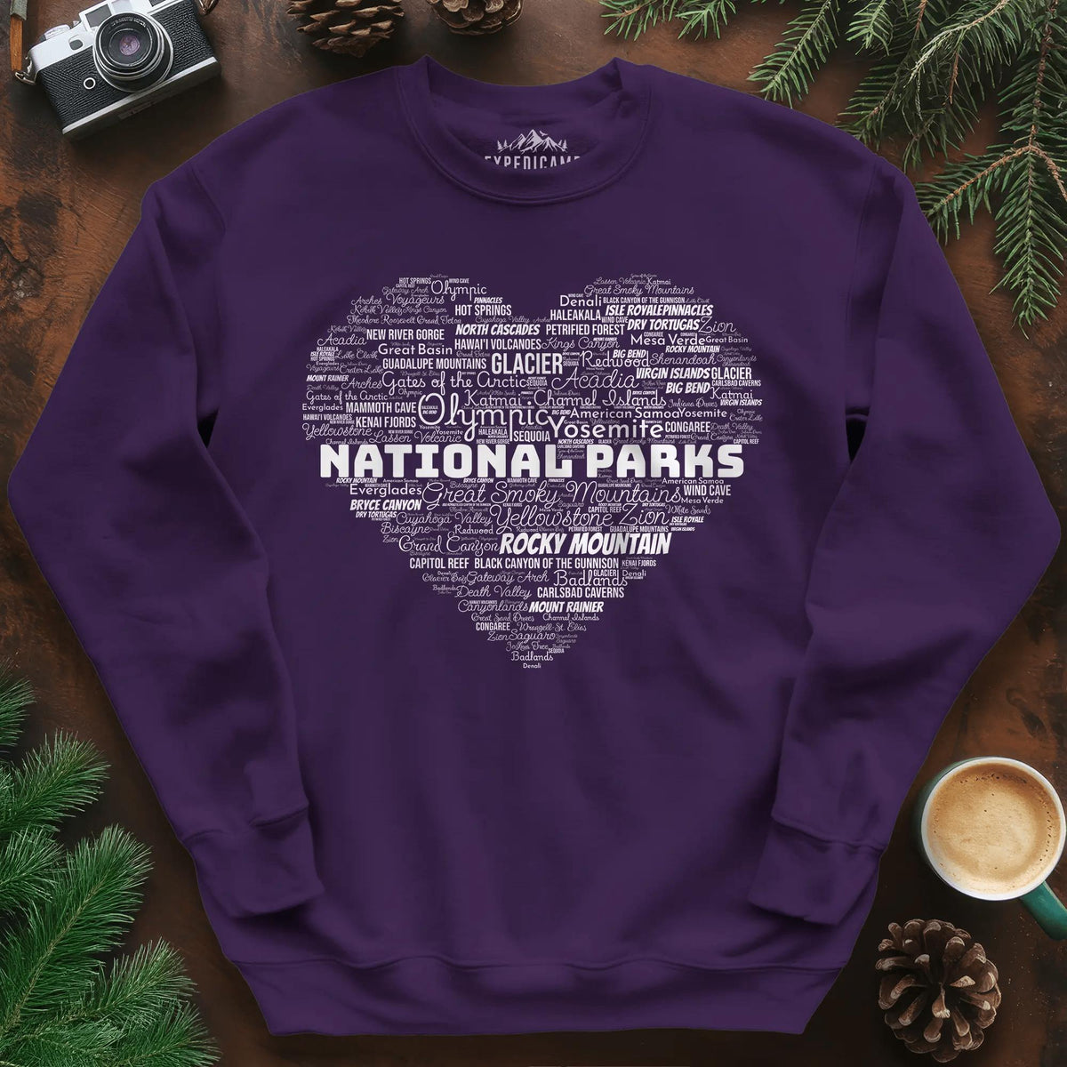 National Parks Word Art Heart Sweatshirt – Purple – Outdoor apparel for travel, hiking, camping, and nature lovers – ExpediCamp