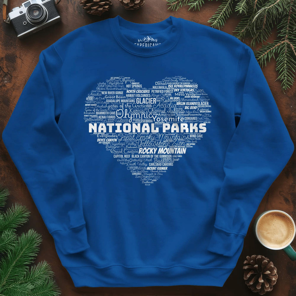 National Parks Word Art Heart Sweatshirt – Royal – Outdoor apparel for travel, hiking, camping, and nature lovers – ExpediCamp