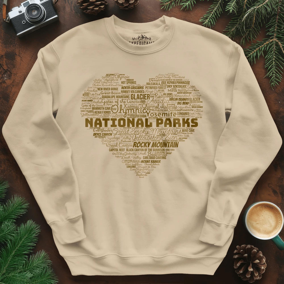 National Parks Word Art Heart Sweatshirt – Sand – Outdoor apparel for travel, hiking, camping, and nature lovers – ExpediCamp