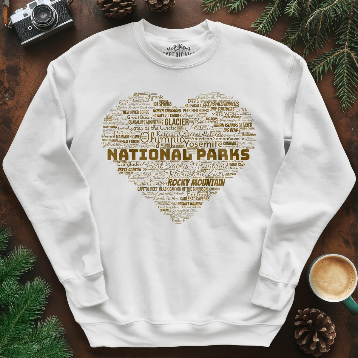 National Parks Word Art Heart Sweatshirt – White – Outdoor apparel for travel, hiking, camping, and nature lovers – ExpediCamp