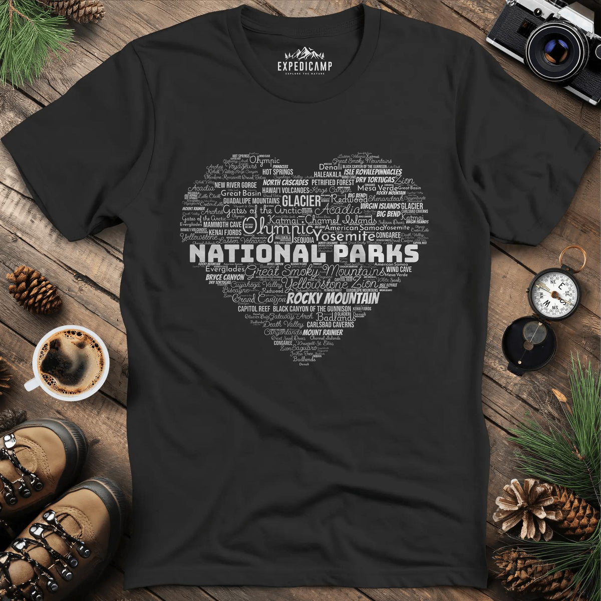 National Parks Word Art Heart T-Shirt – Black – Outdoor apparel for travel, hiking, camping, and nature lovers – ExpediCamp